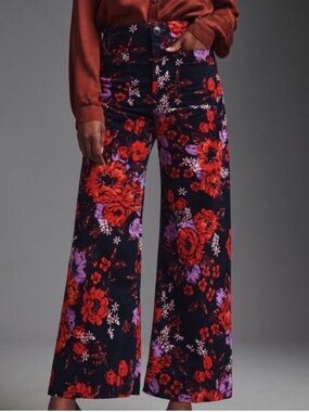 Anthropologie Maeve The Colette Cropped Wide-Leg Pants Velvet Red Floral